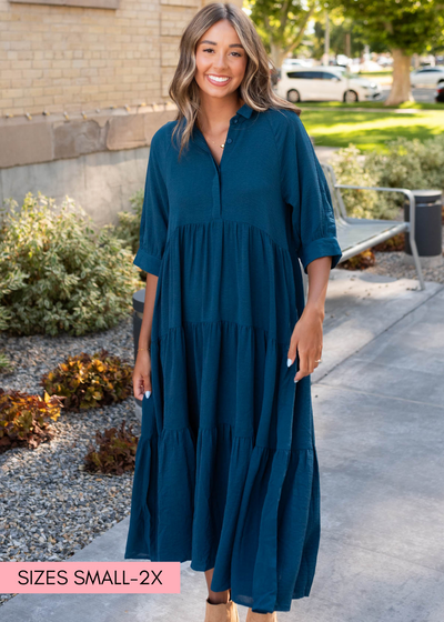 Front view of the deep teal tiered dress