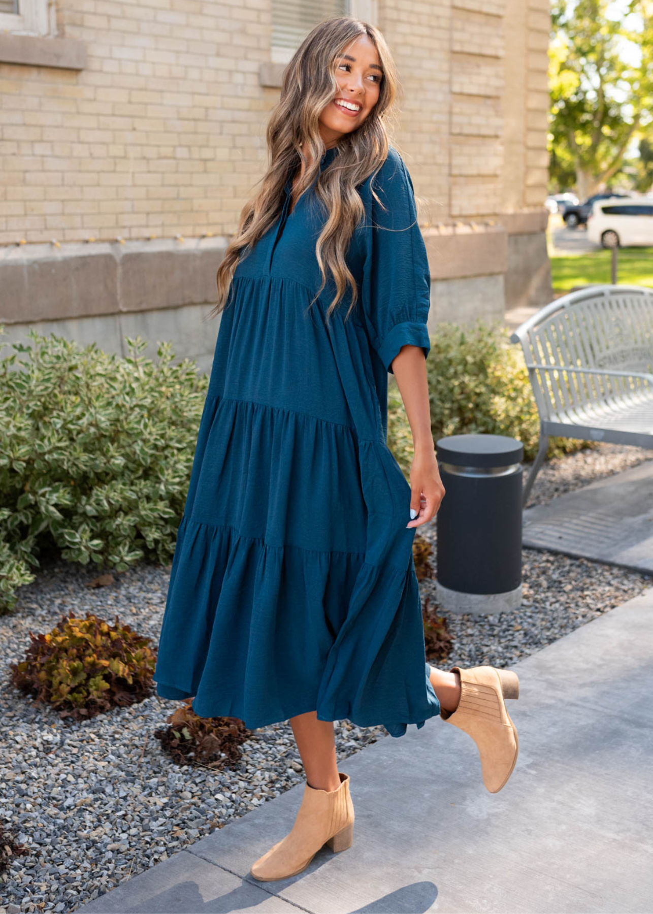 Collared deep teal tiered dress