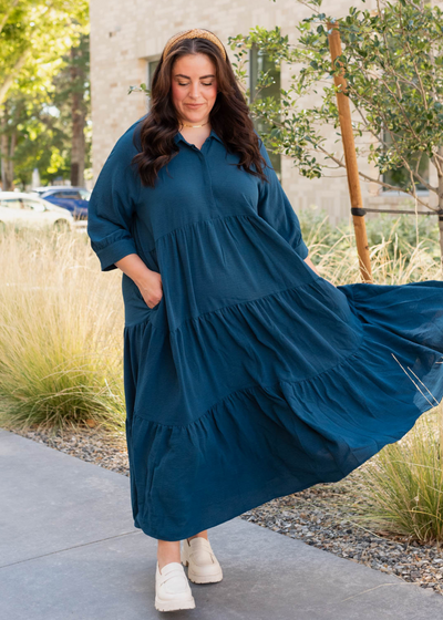 Plus size deep teal tiered dress with 3/4 sleeves