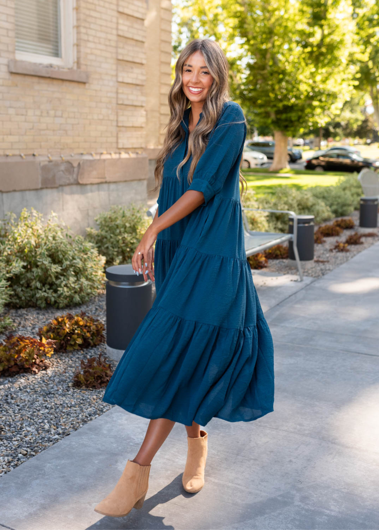 Deep teal tiered dress with button up bodice