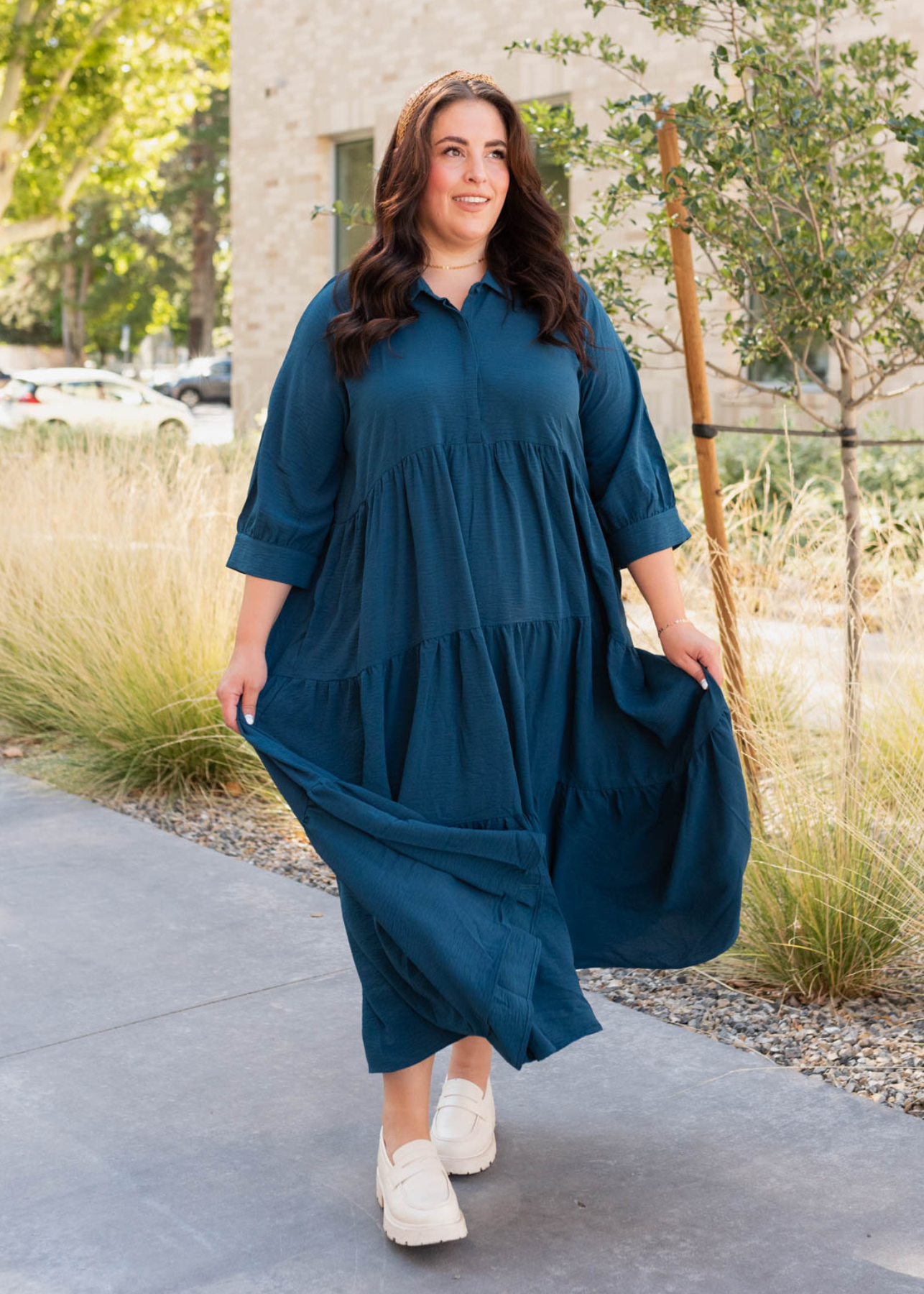 3/4 sleeve deep teal tiered dress in plus size