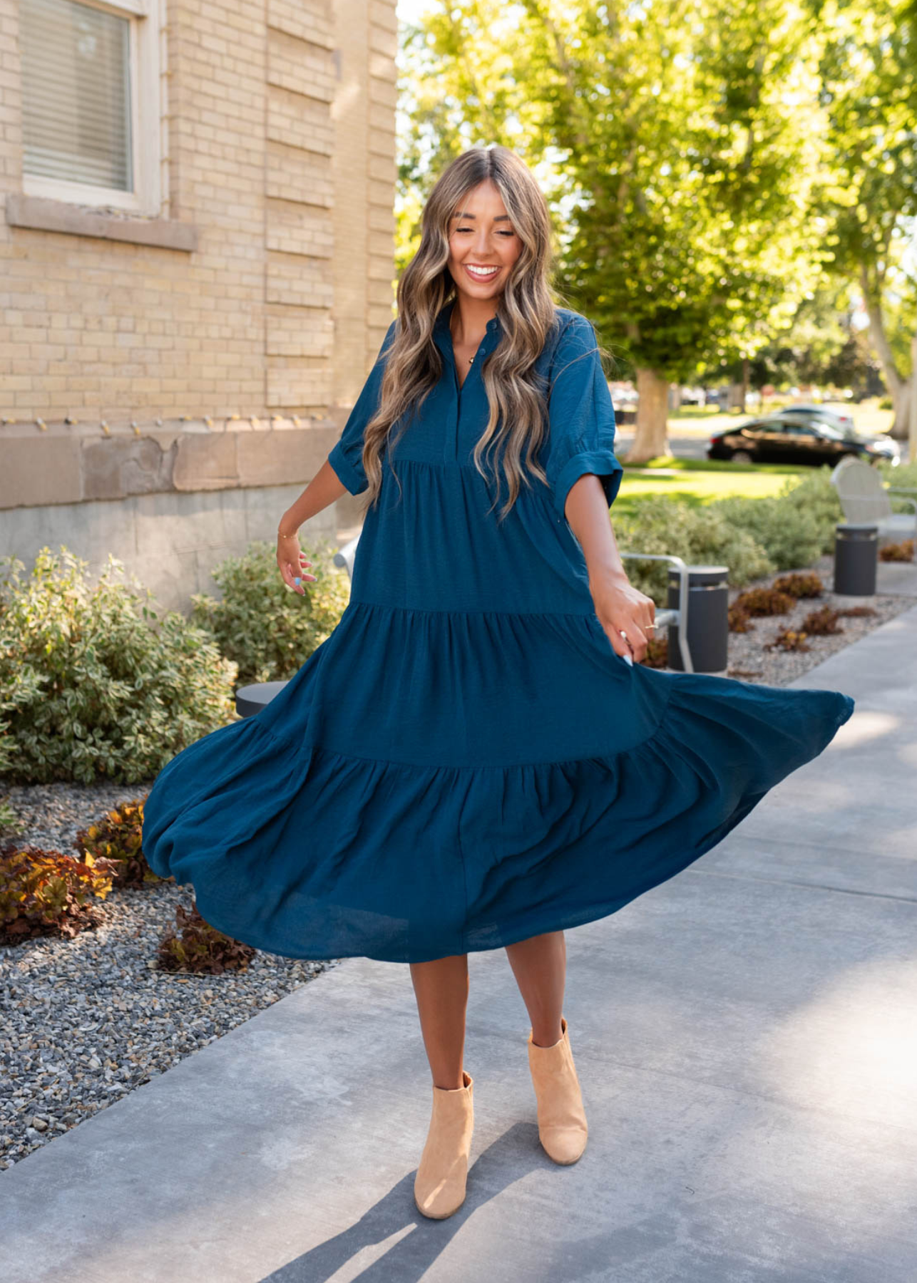 Deep teal tiered dress with 3/4 sleeves