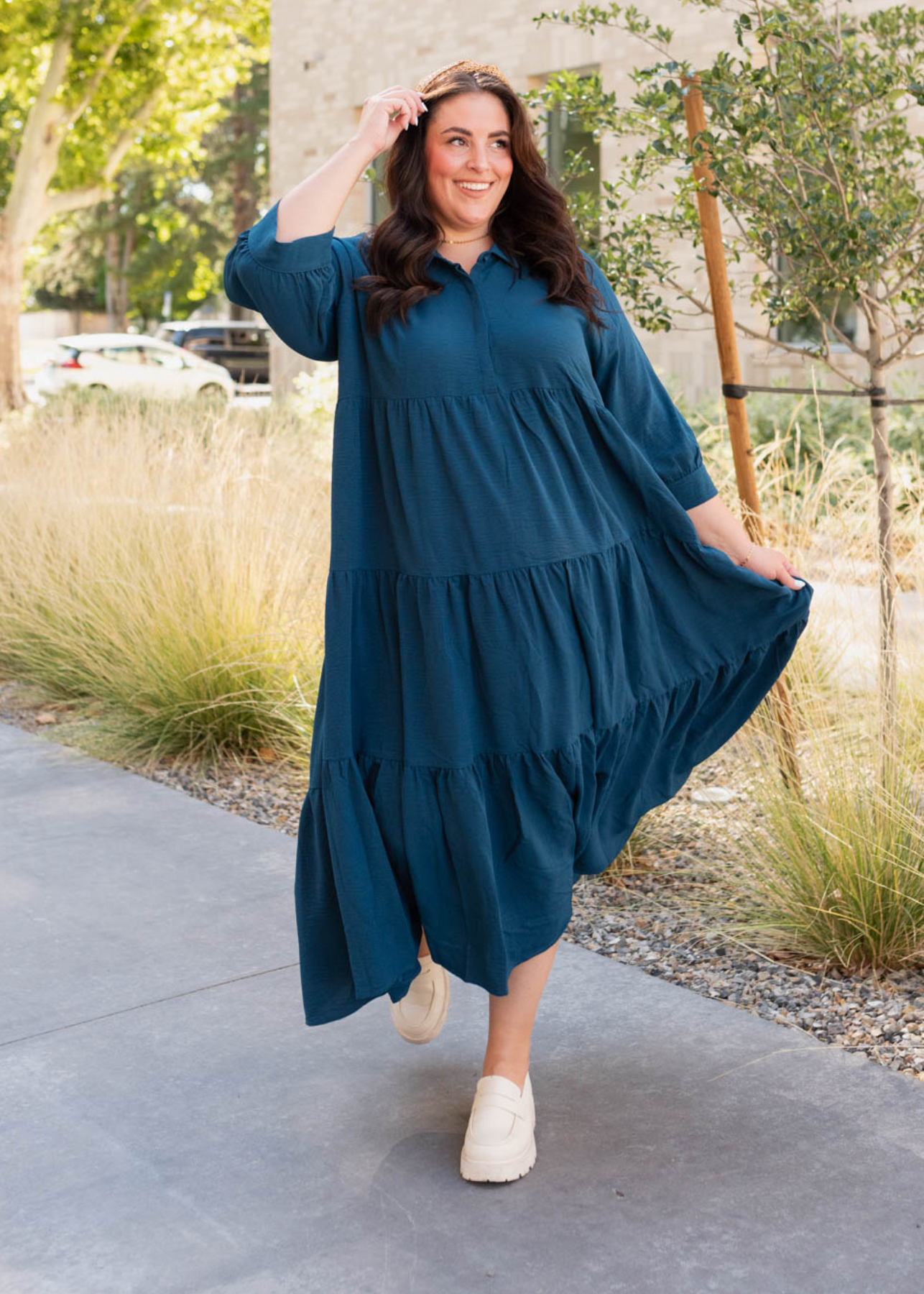 Plus size deep teal tiered dress