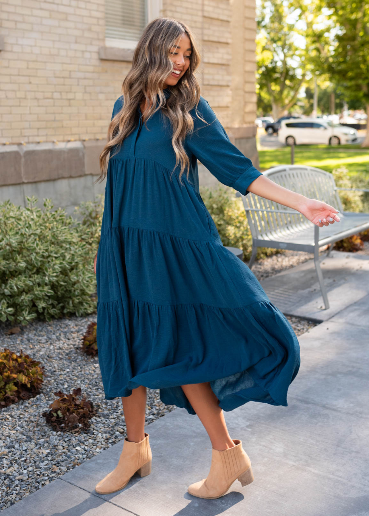 3/4 sleeve deep teal tiered dress