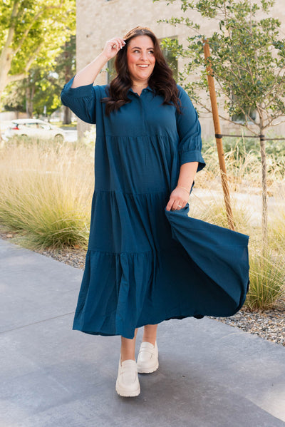 Plus size deep teal tiered dress with a collar