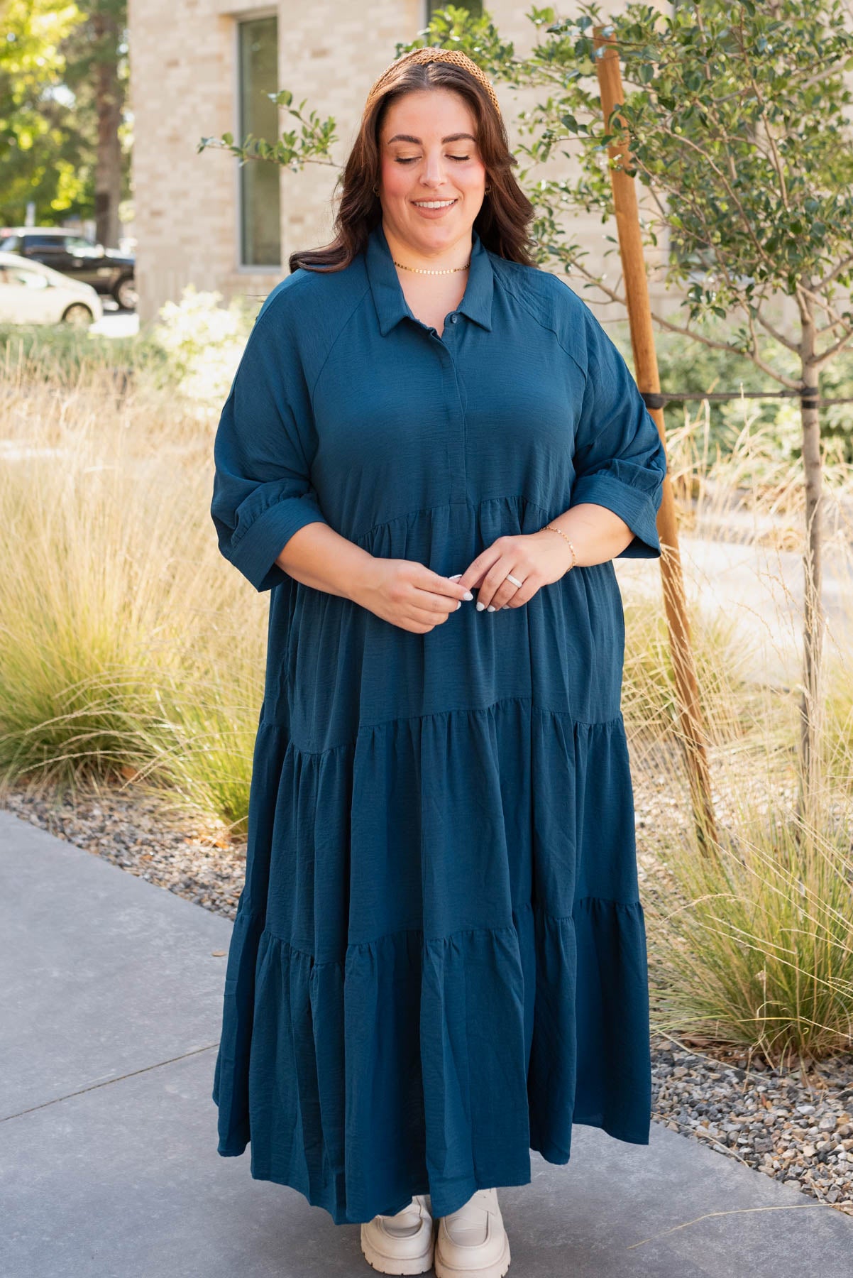 Plus size deep teal tiered dress with pockets