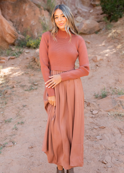 Chestnut satin sweater dress with long sleeves