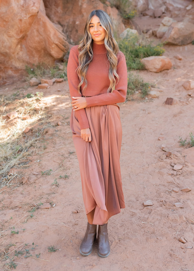 Chestnut satin sweater dress