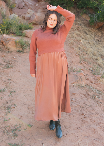 Plus size chestnut satin sweater dress