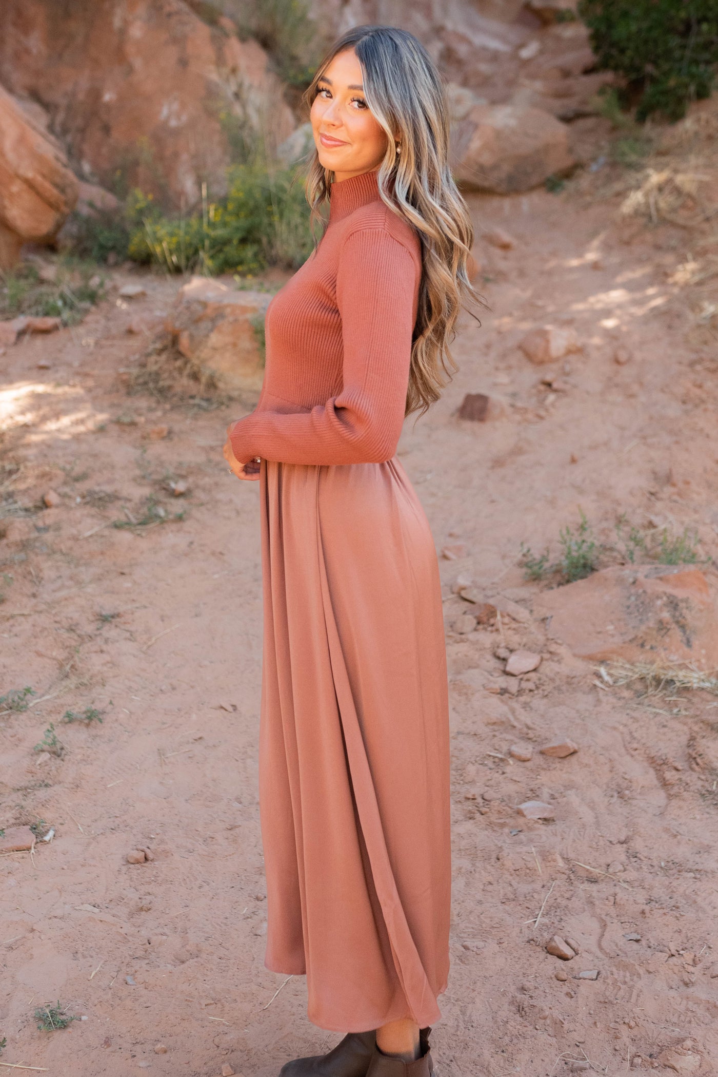 Side view of the chestnut satin sweater dress