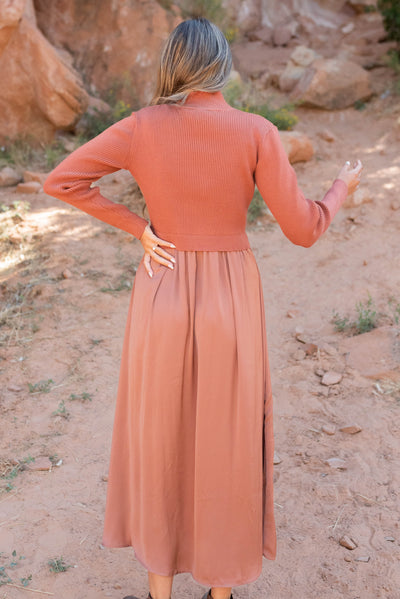 Back view of the chestnut satin sweater dress