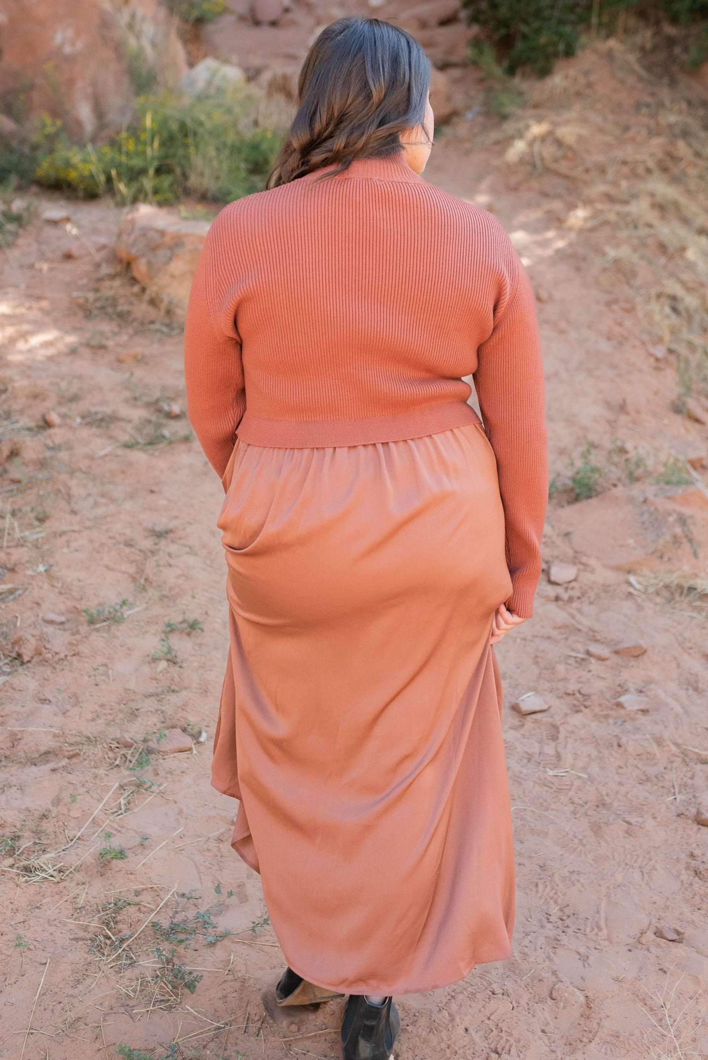 Back view of the plus size chestnut satin sweater dress