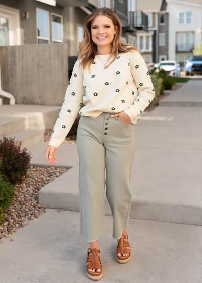 Long sleeve cream green floral sweater