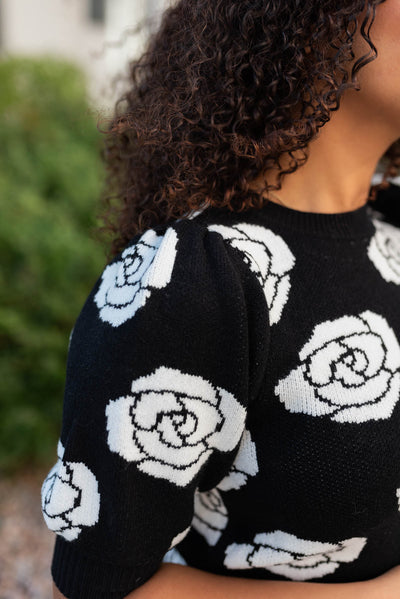 Close up of the fabric on the black floral print sweater