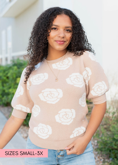 Short sleeve taupe floral print sweater