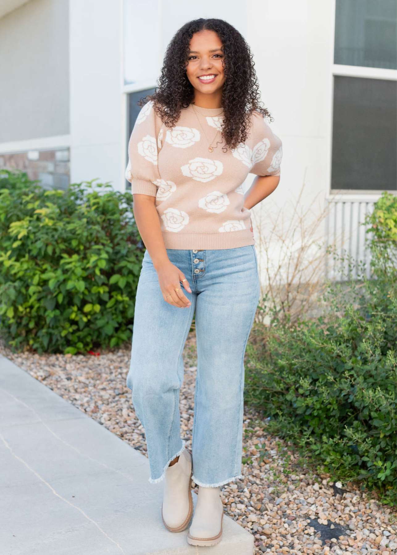 Taupe floral print sweater