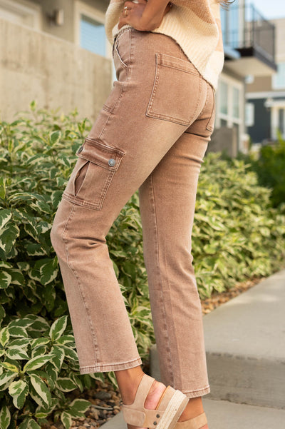 Side view of toffee jeans