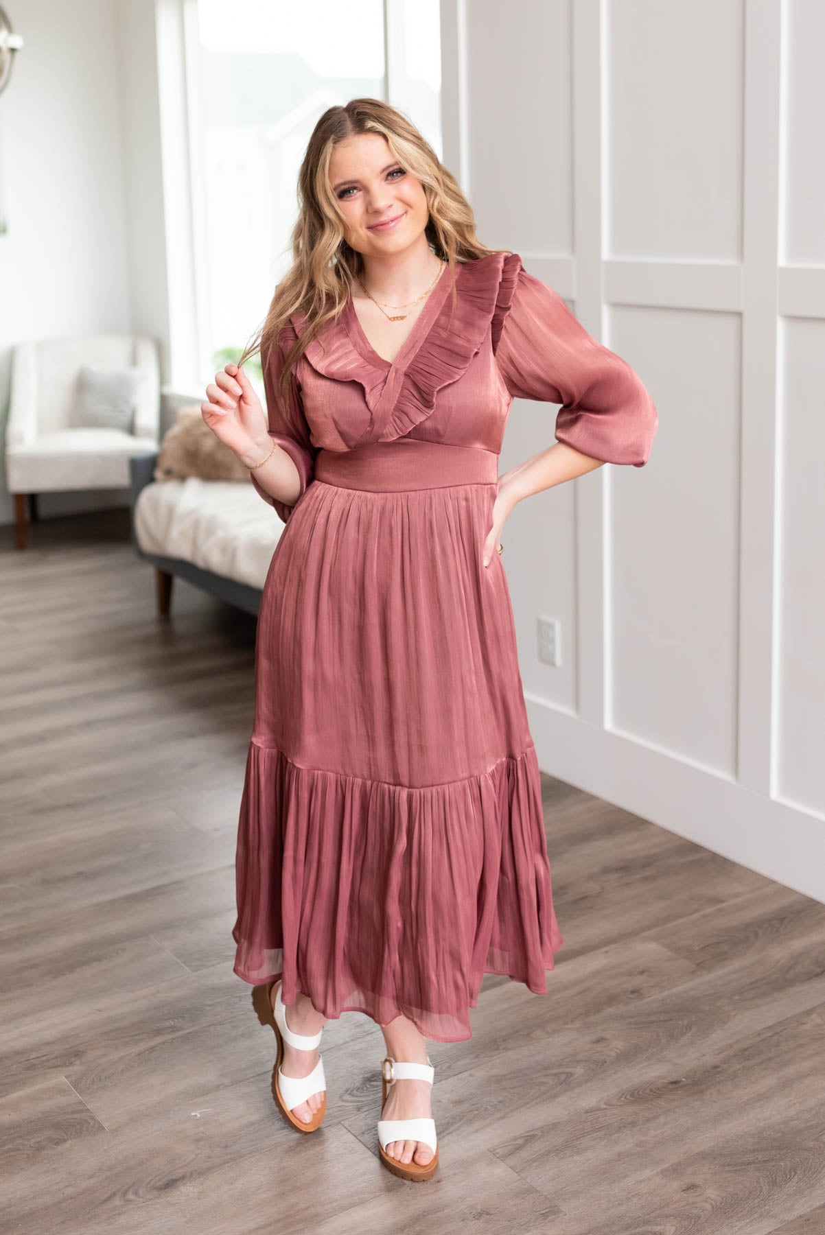 Long sleeve mahogany layered dress