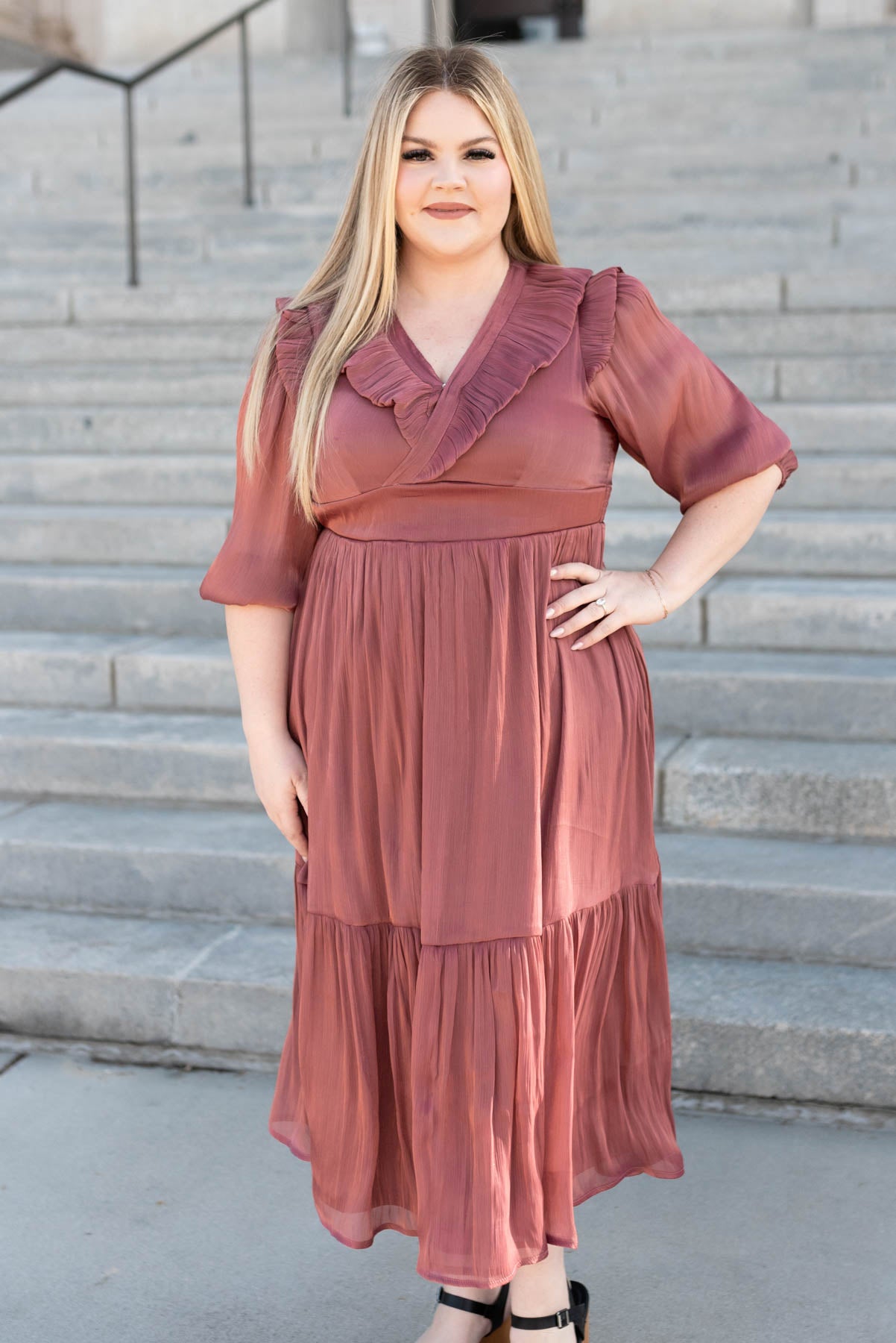 Mahogany layered dress with a ruffle around the v-neck