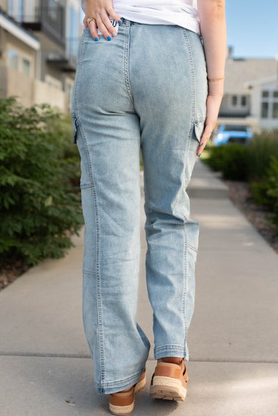 Back view of the light wash cargo jeans