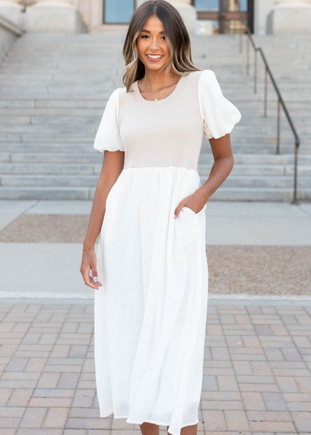 Ivory knit bodice dress with pockets