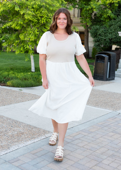 Plus size ivory knit bodice dress