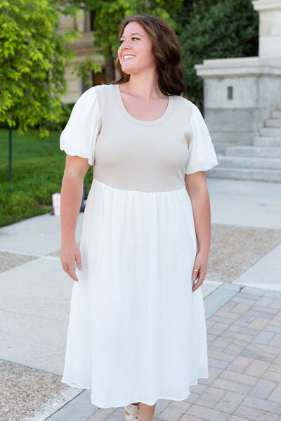 Plus size ivory knit bodice dress with scoop neck