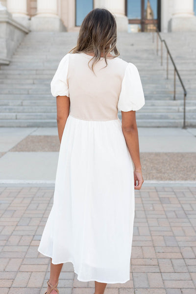 Back view of the ivory knit bodice dress