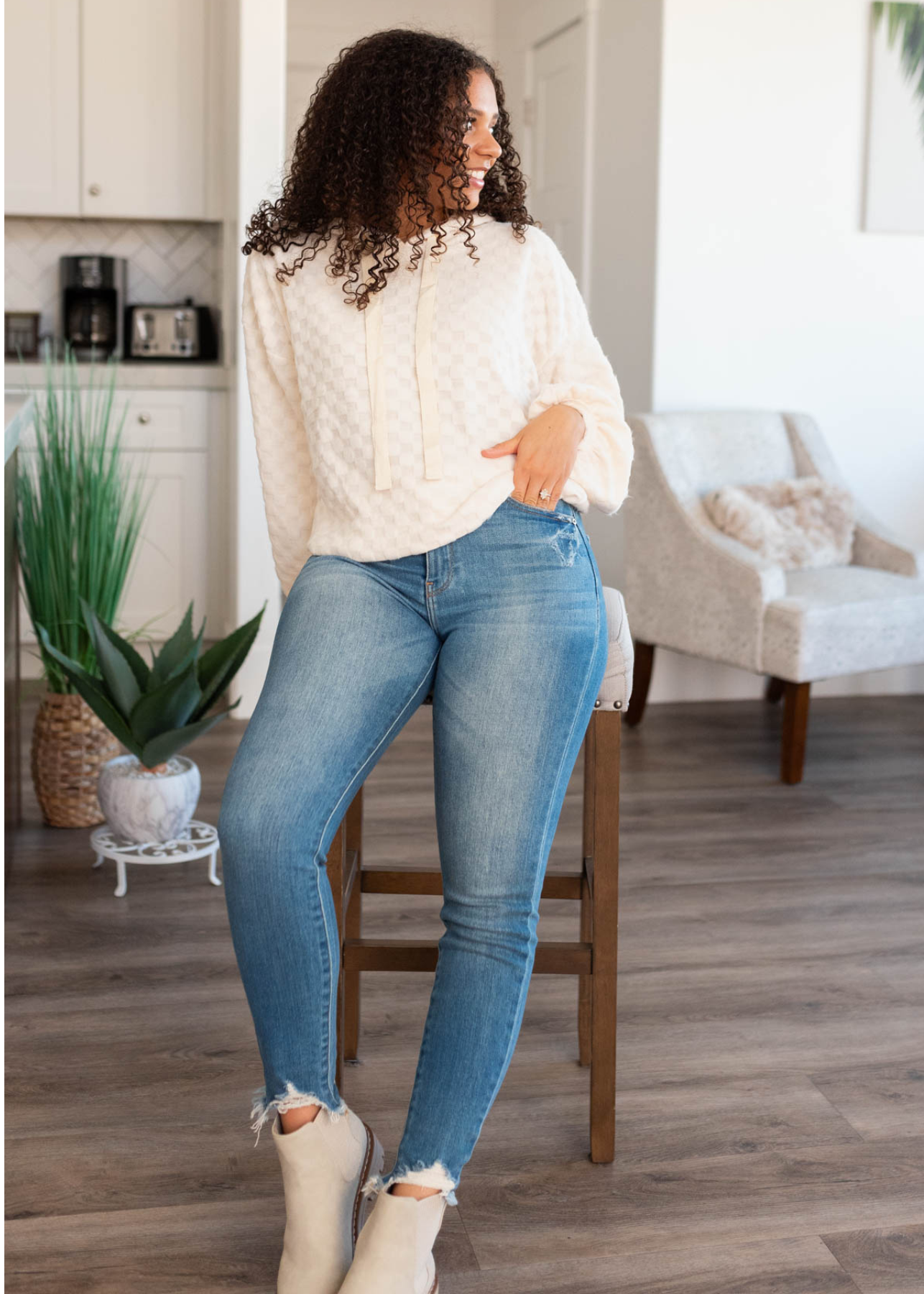 Long sleeve ivory fuzzy checkered sweater