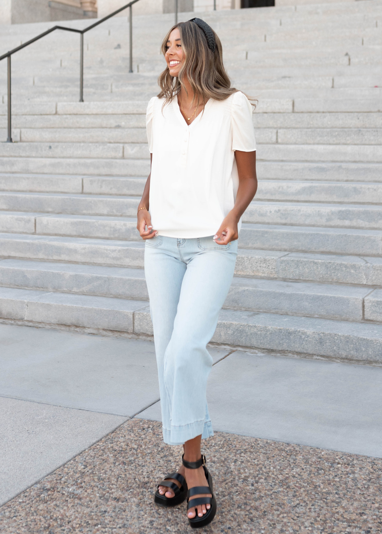 Ivory button top with short sleeves