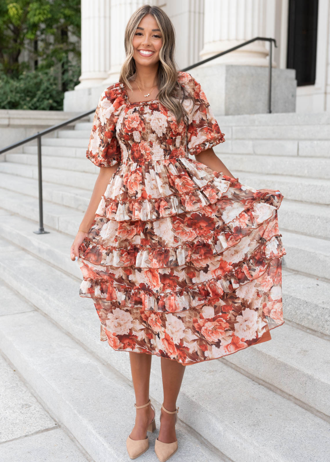 Rust floral ruffle dress with short sleeves