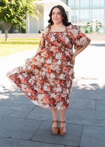 plus size short sleeve rust floral ruflle dress