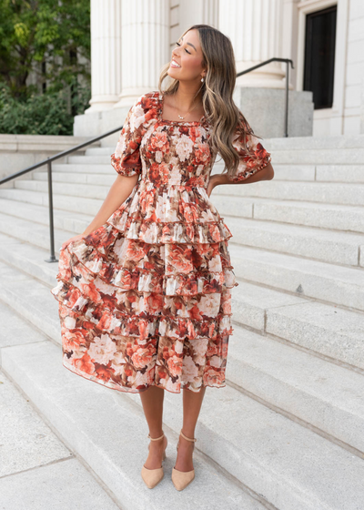 Short sleeve rust floral ruffle dress