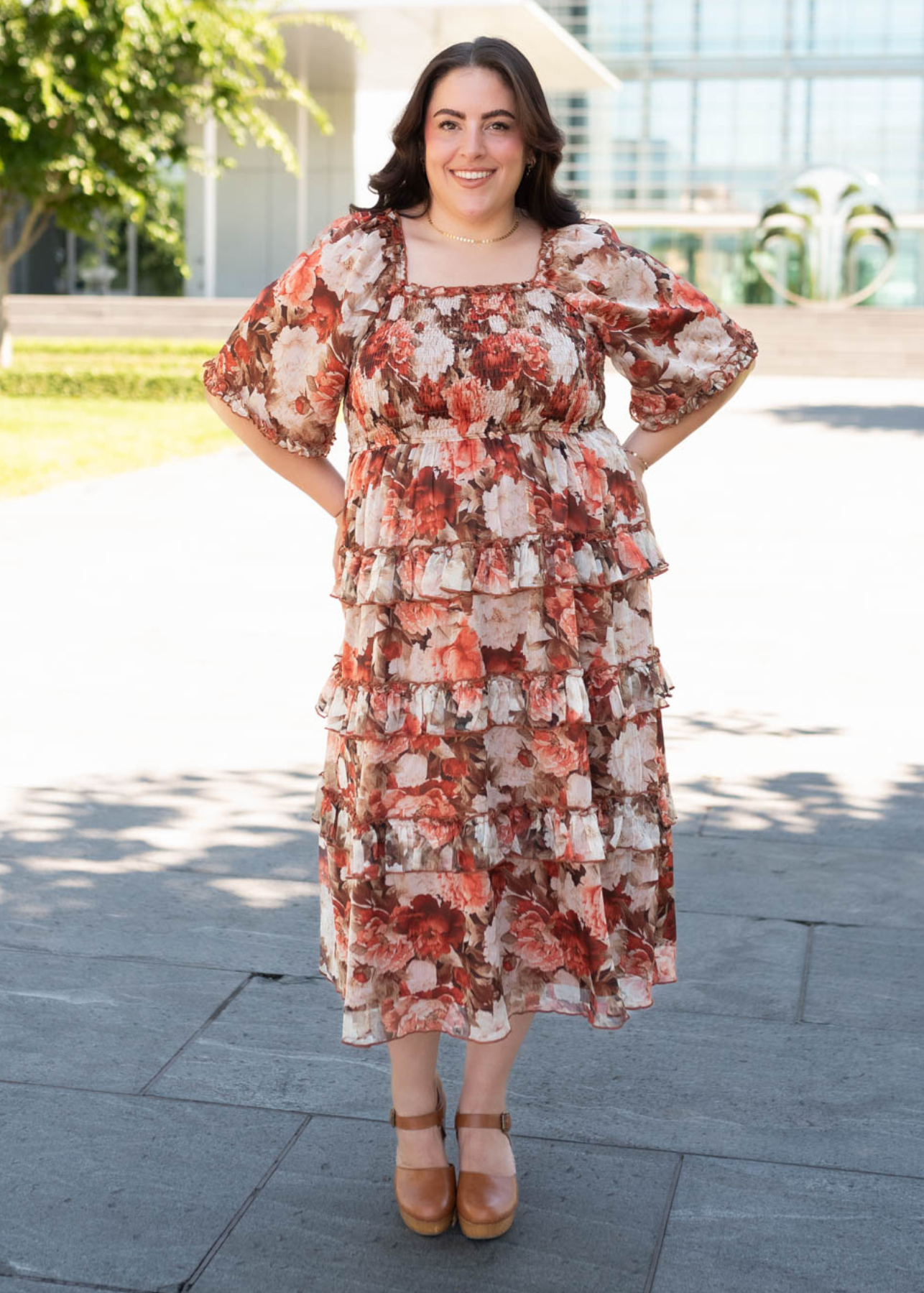 Plus size rust floral ruffle dress