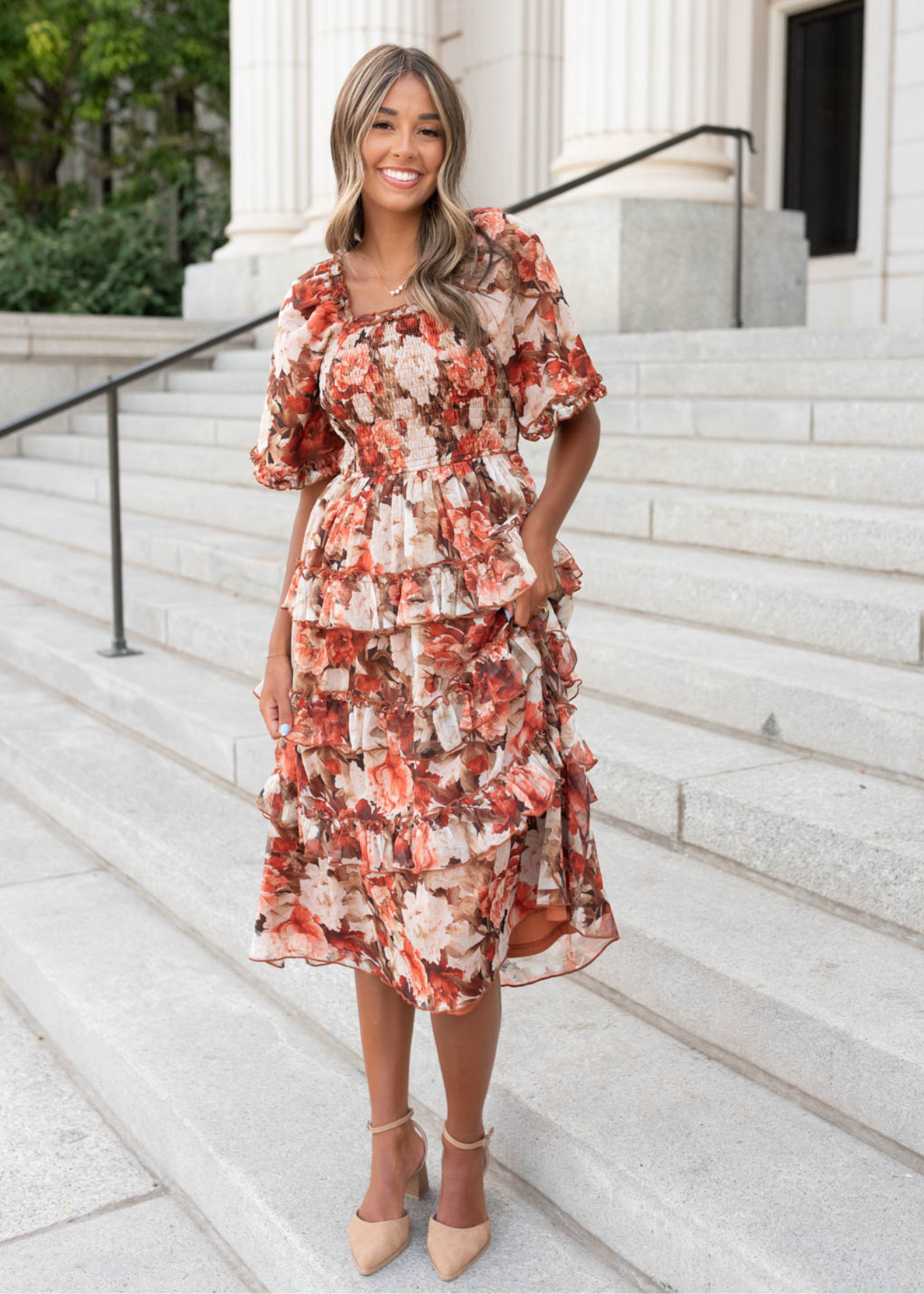 Rust foral ruffle dress