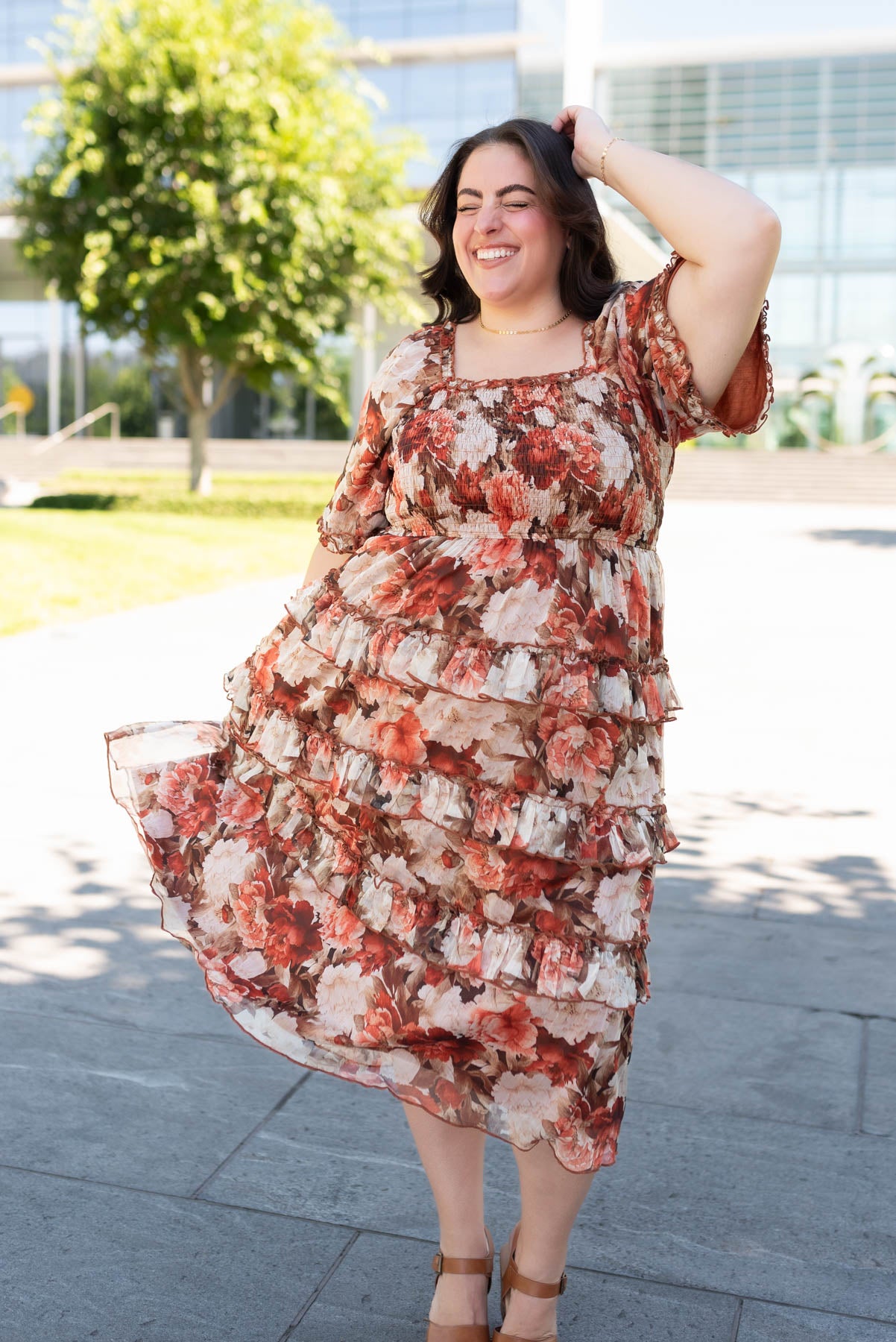 Plus size ruffle floral ruffle dress with smocked bodice