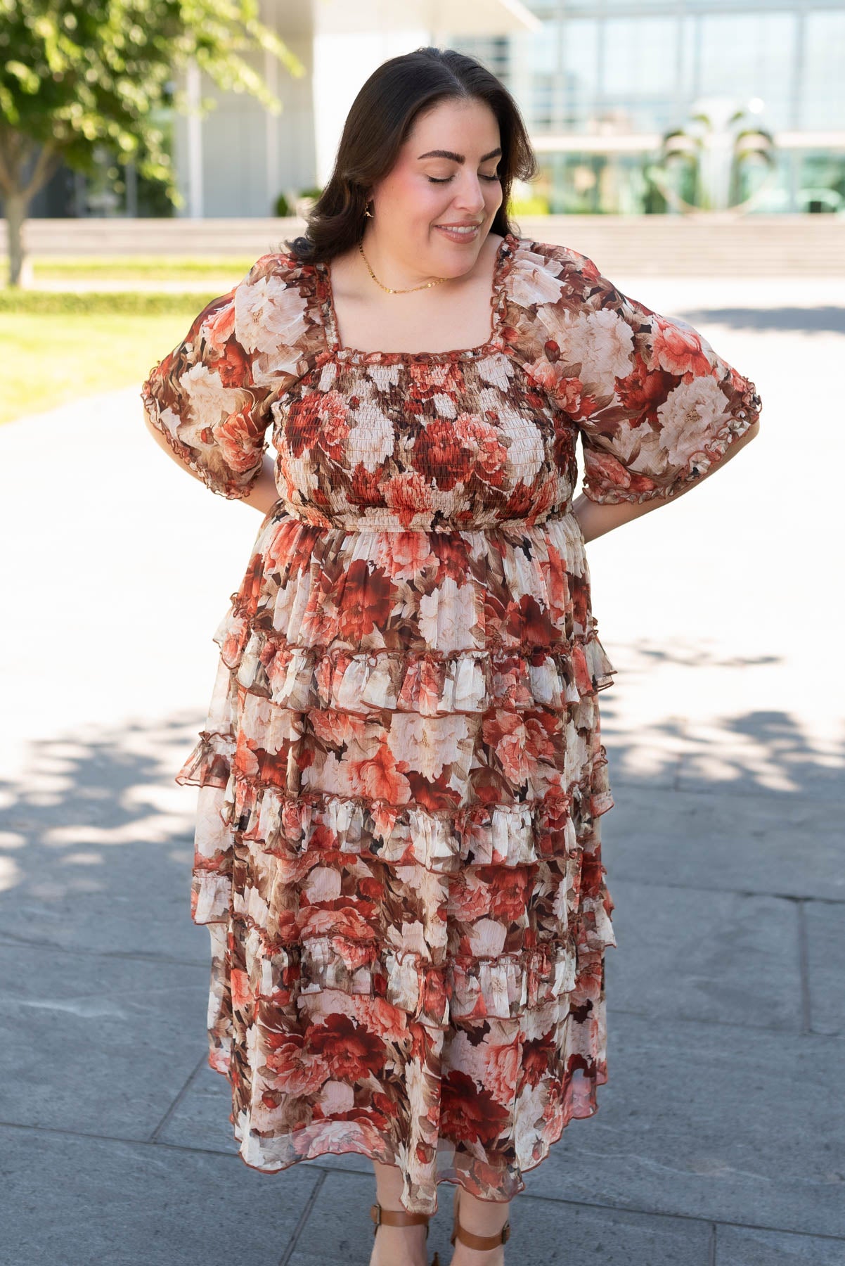 Plus size square neck rust floral ruffle dress