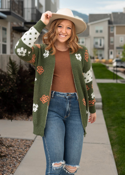 Olive cardigan with cream stripe on the sleeves