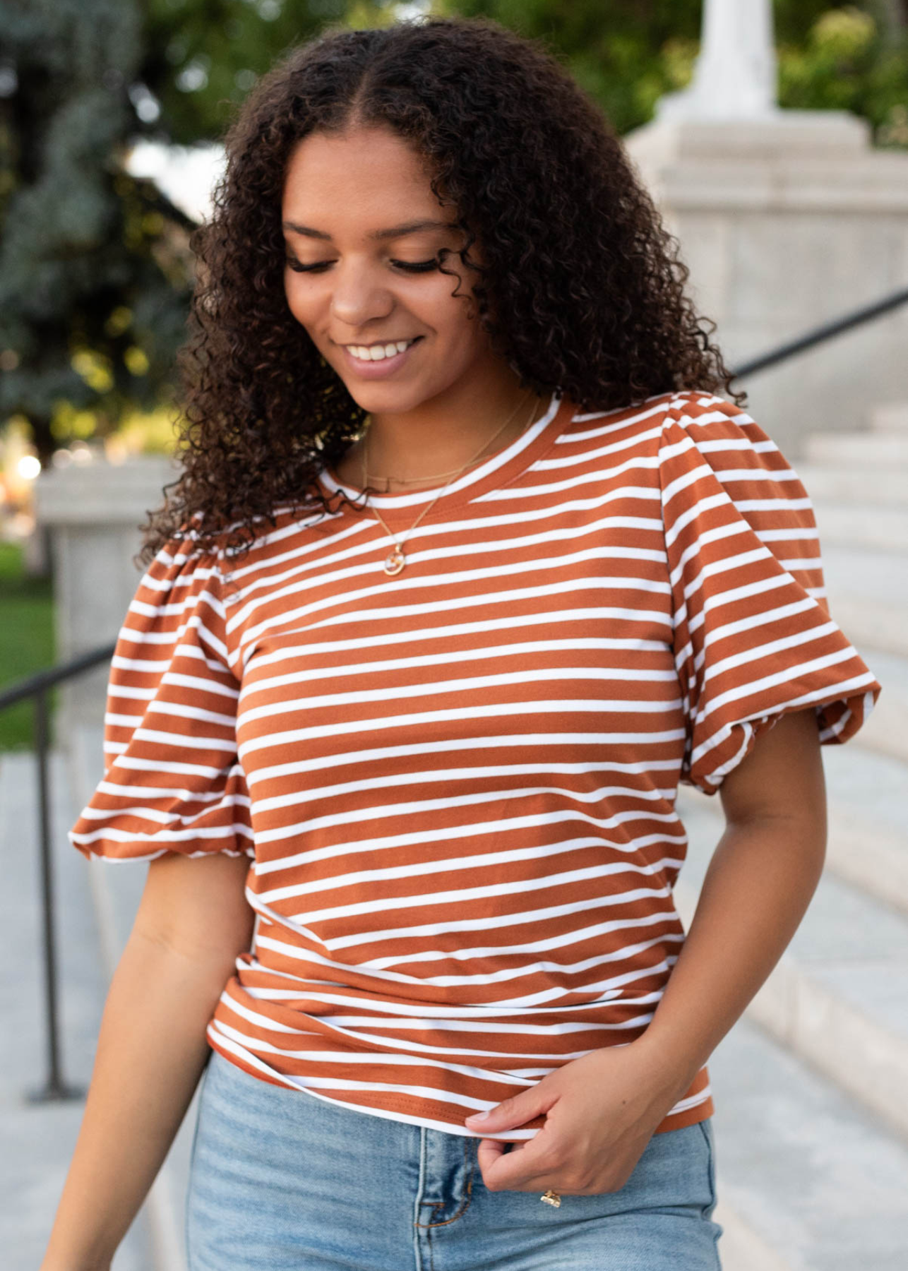 Terracotta stripe puff sleeve top