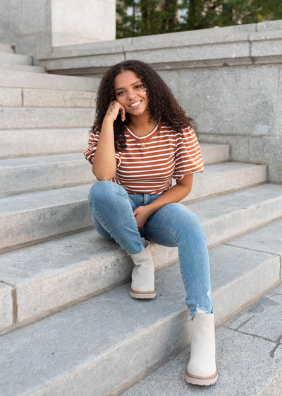 Terracotta stripe puff sleeve top with white stripes