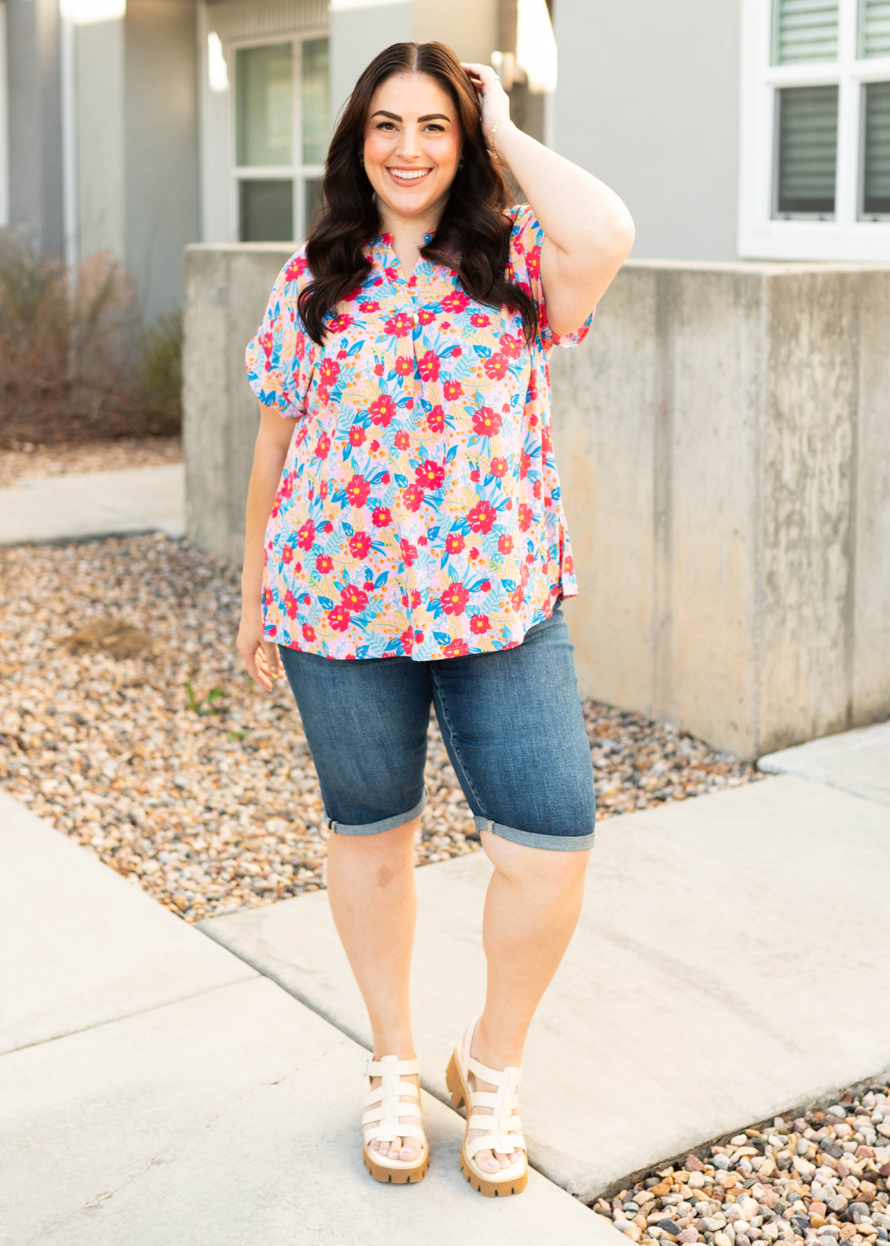 Short sleeve plus size blush multi floral top