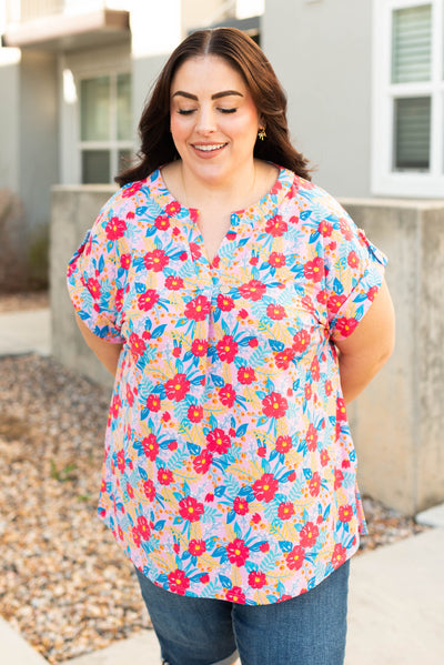 V-neck cut on the plus size blush multi floral top