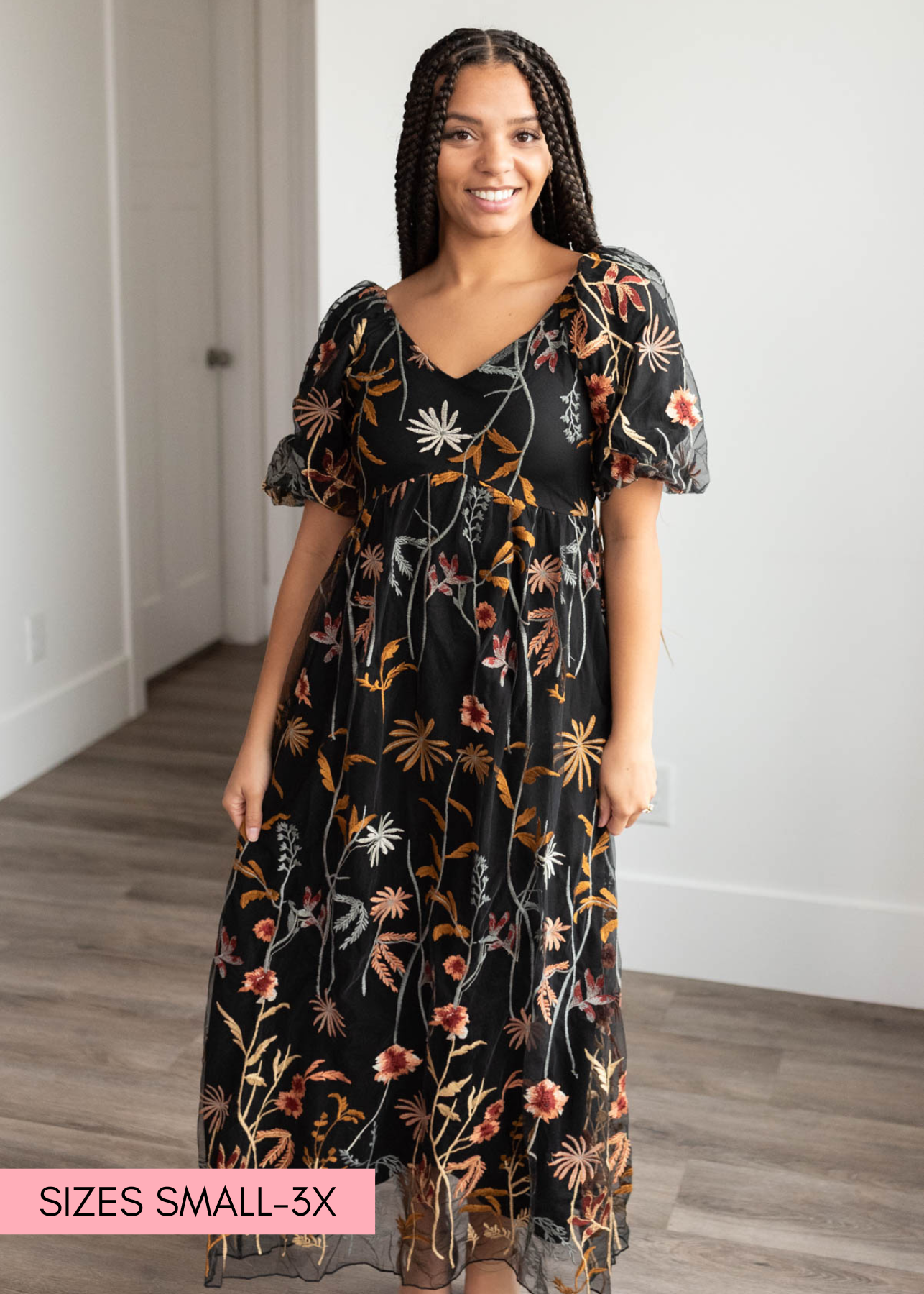 Floral black embroidered dress