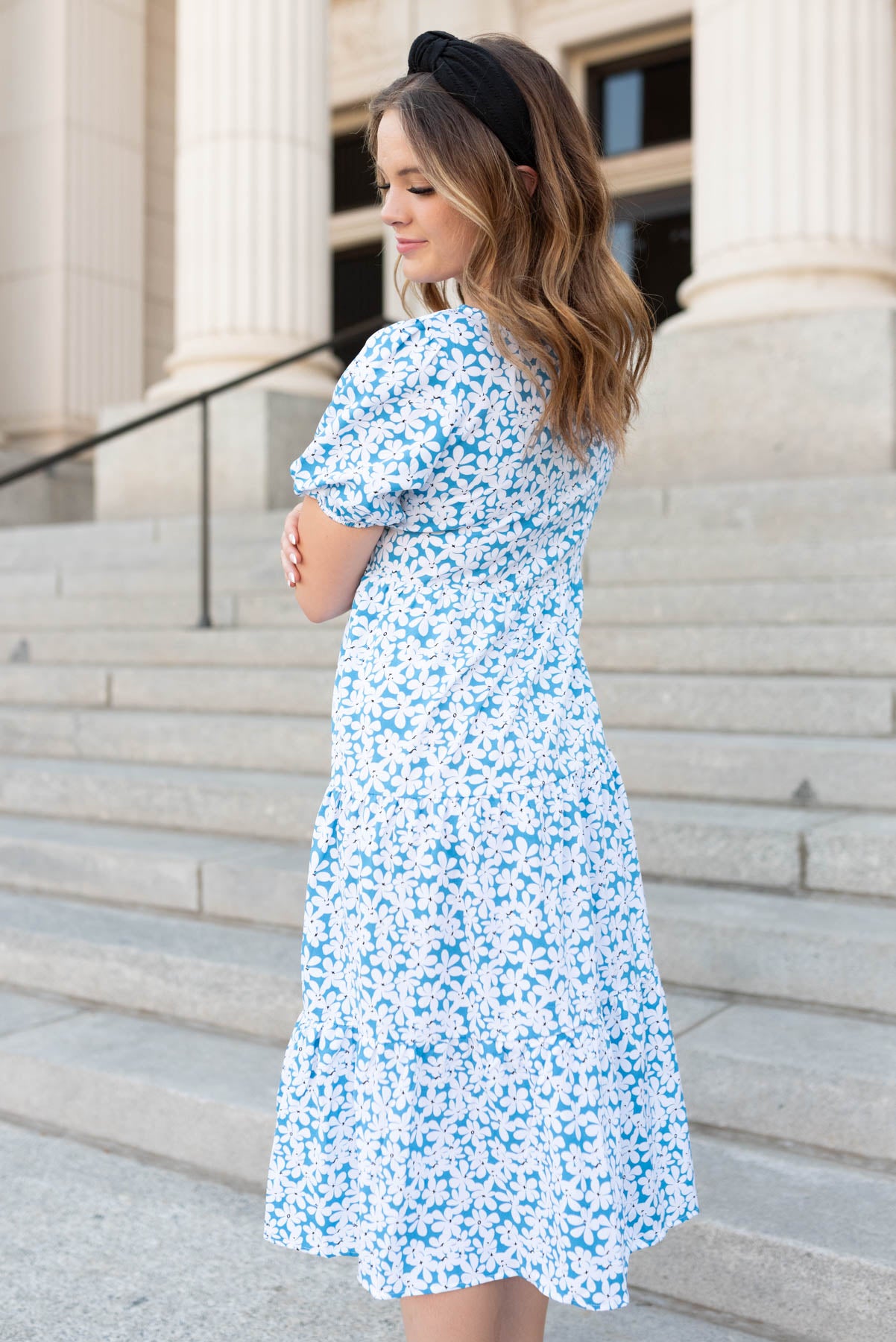 Side view of the blue daisy dress