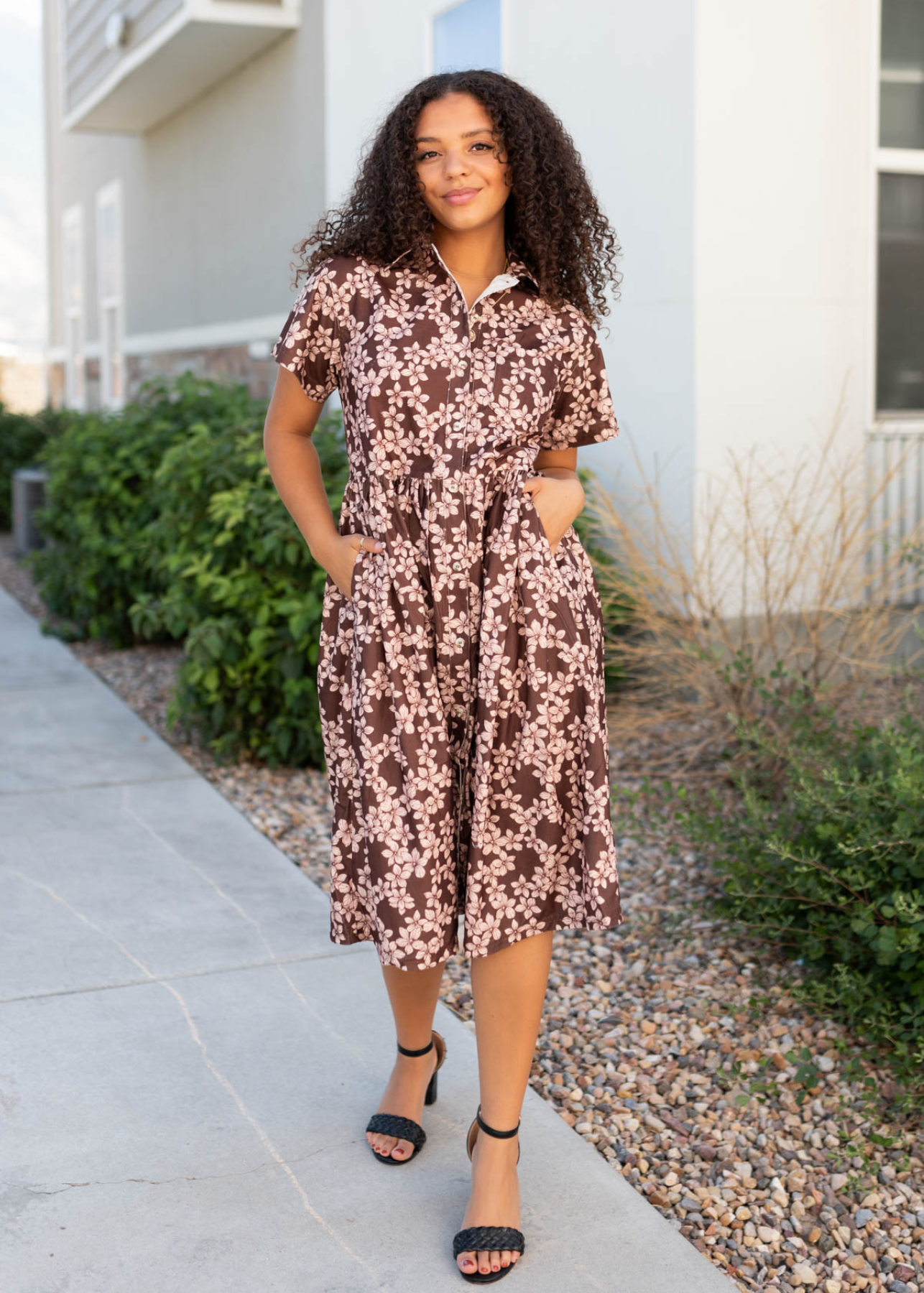 Front view of the brown floral dress