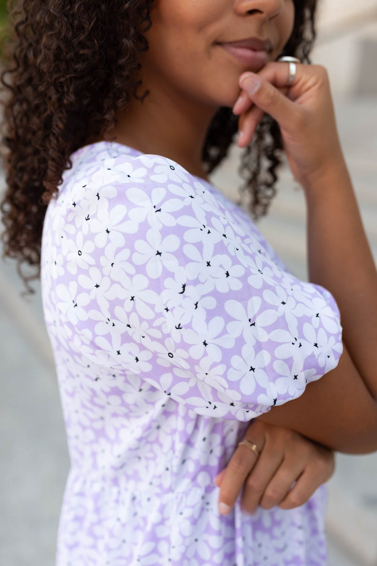 Close up of the sleeve on the lavender daisy dress