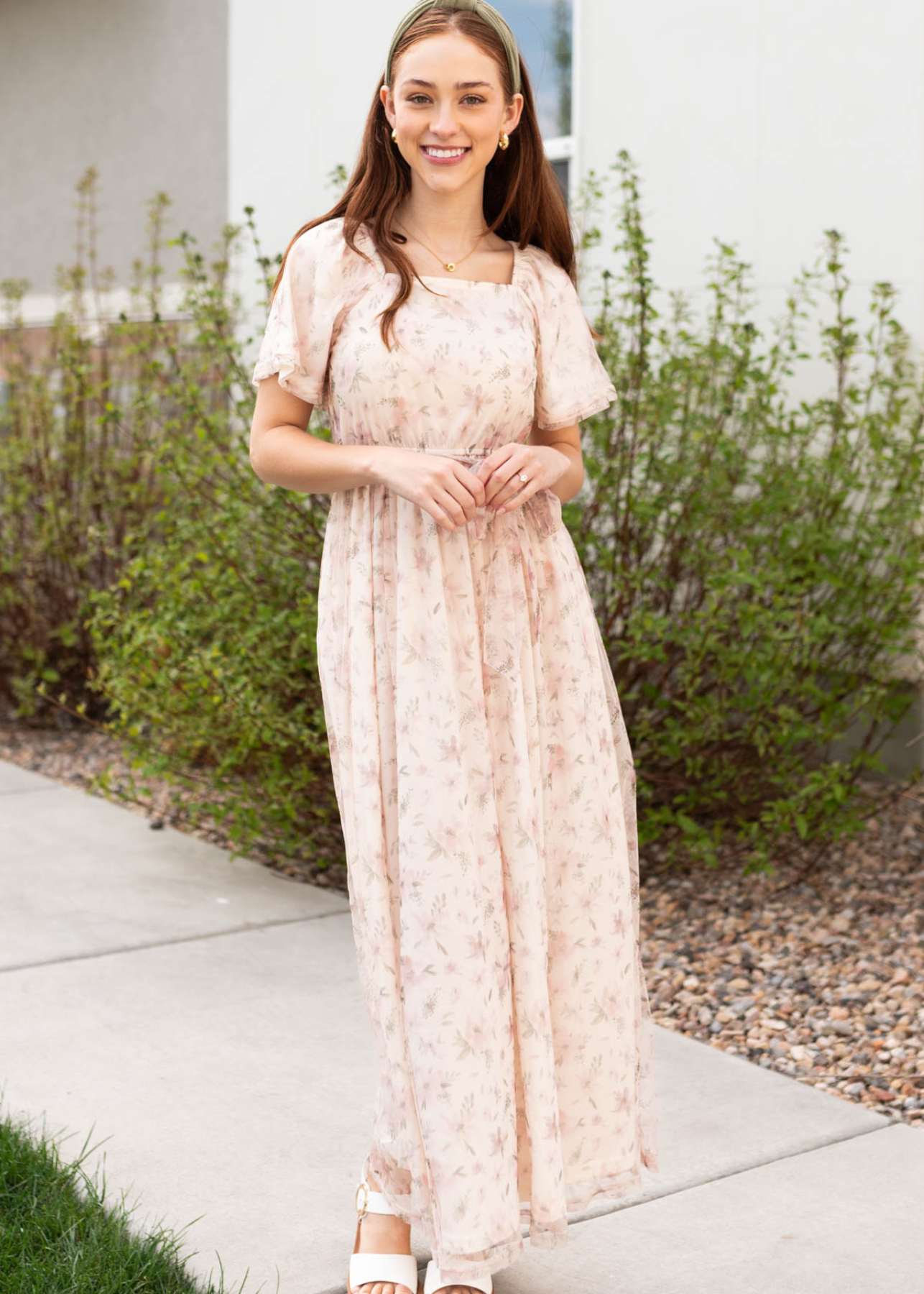 Ivory floral dress with a square neck