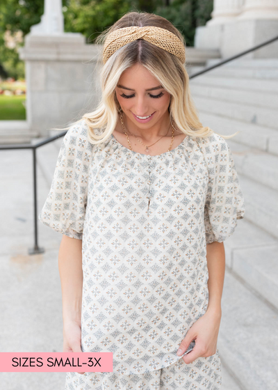 Cream pattern chiffon top with wide neck