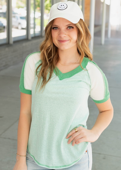 Vintage mint pattern top with short sleeves