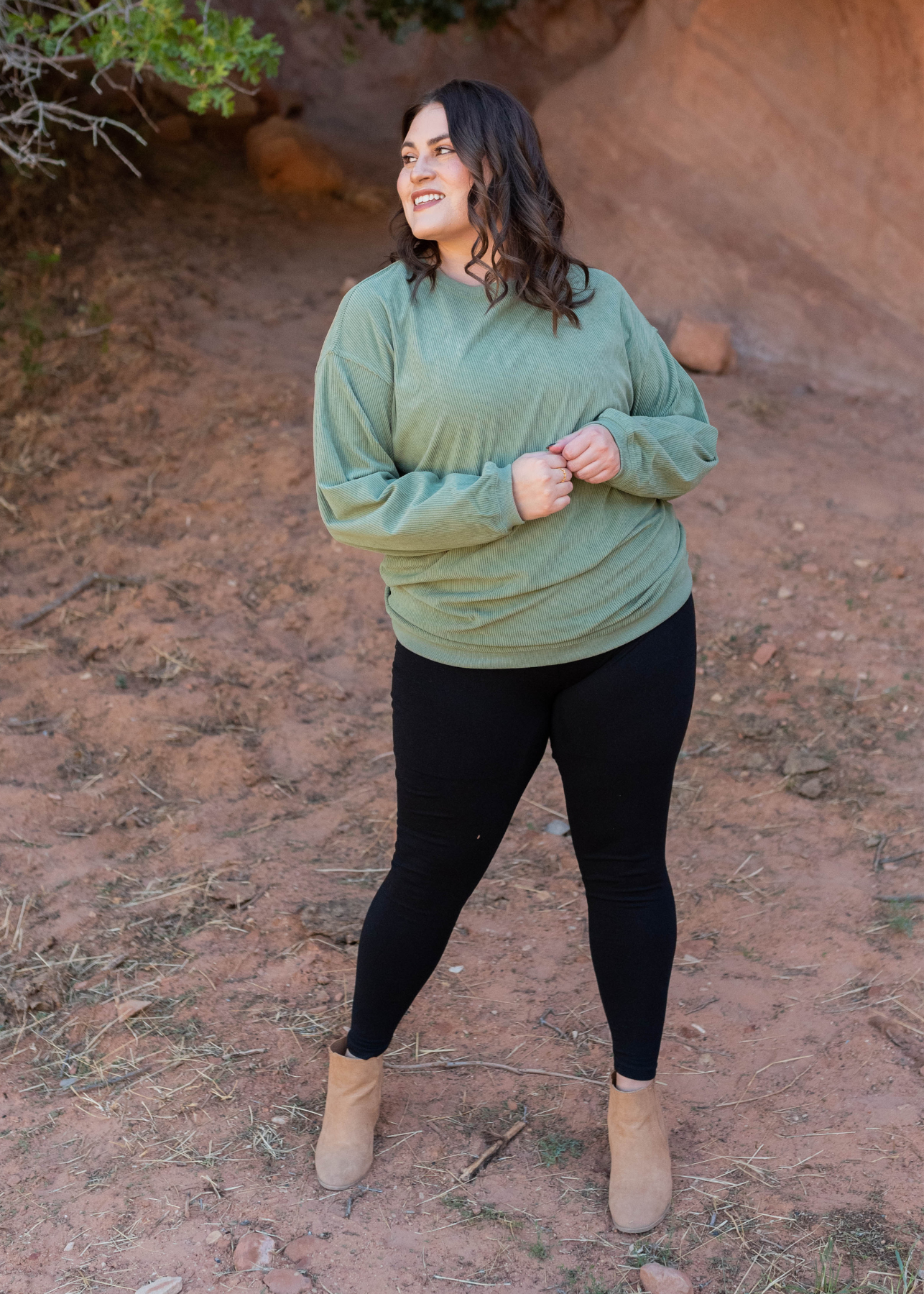 Long sleeve plus size green ribbed sweatershirt